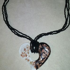 Black bead and glass heart pendant necklace